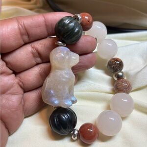 Unique Moonstone Dog Carving Bracelet – Nephrite Jade & Agatized Coral
